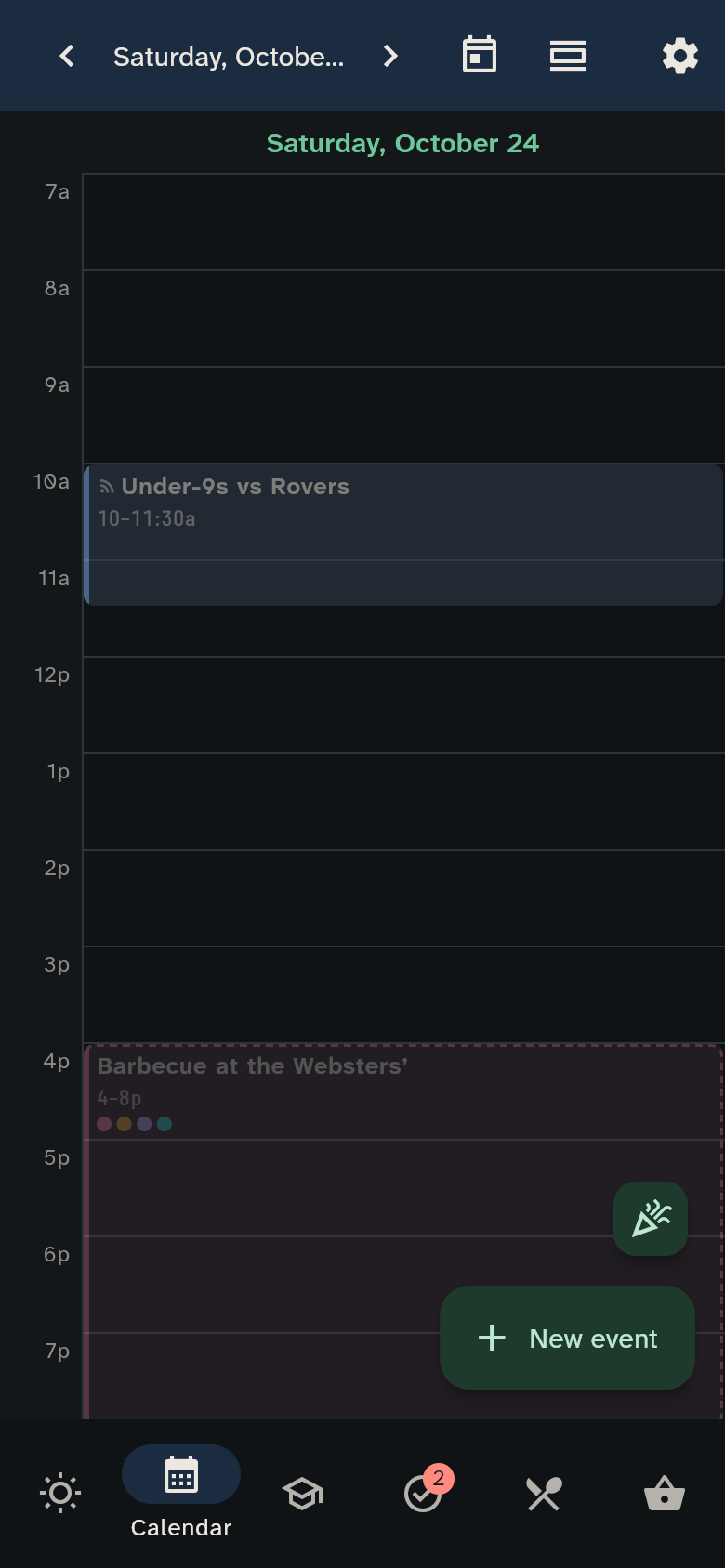 Calendar on a phone with date navigation and the view menu in one bar
