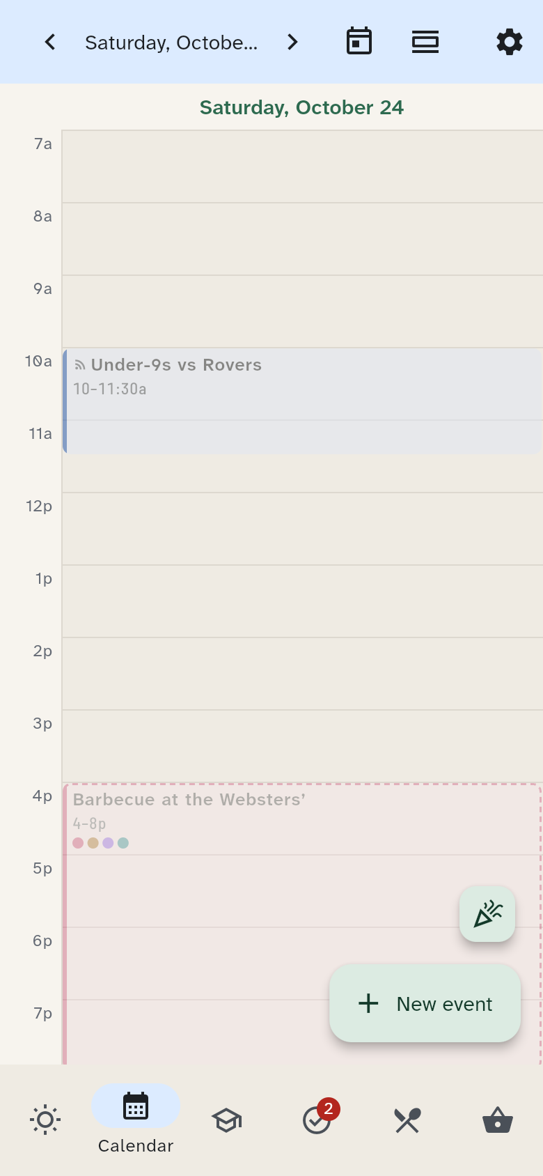 Calendar on a phone with date navigation and the view menu in one bar