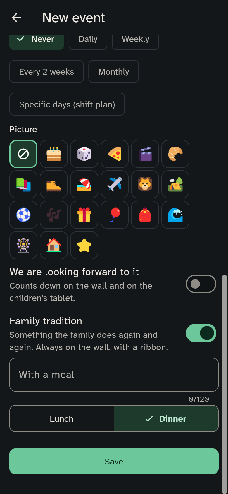 Bottom of the event editor with picture, We are looking forward to it and a family tradition with a meal