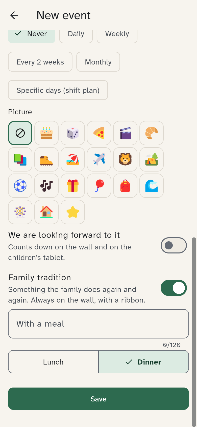 Bottom of the event editor with picture, We are looking forward to it and a family tradition with a meal