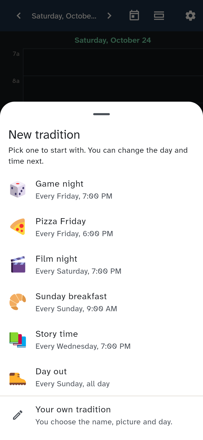 The New tradition choice with six starters and Your own tradition