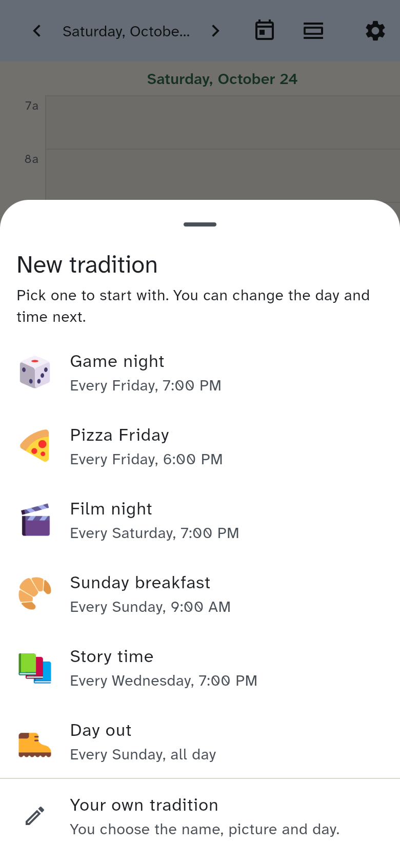 The New tradition choice with six starters and Your own tradition