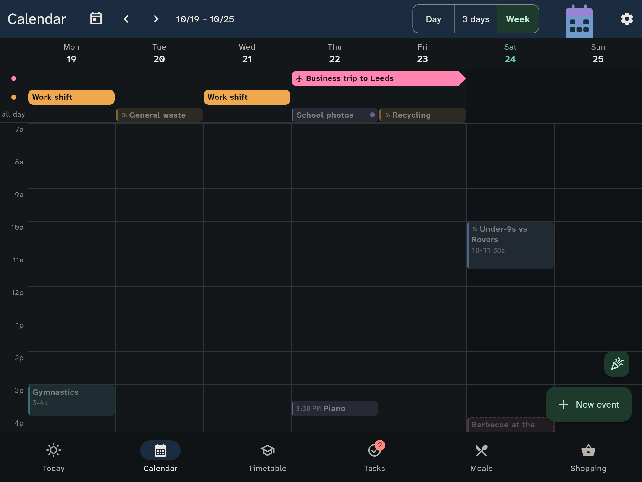 Week view of the calendar with presence at the top and appointments below