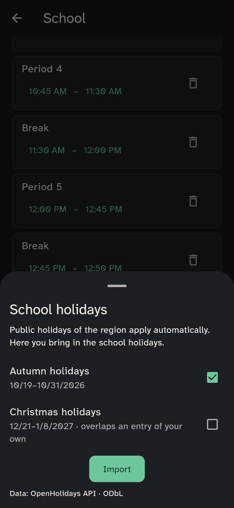 Import school holidays: the preview of the school holidays, with ticks and the word imported