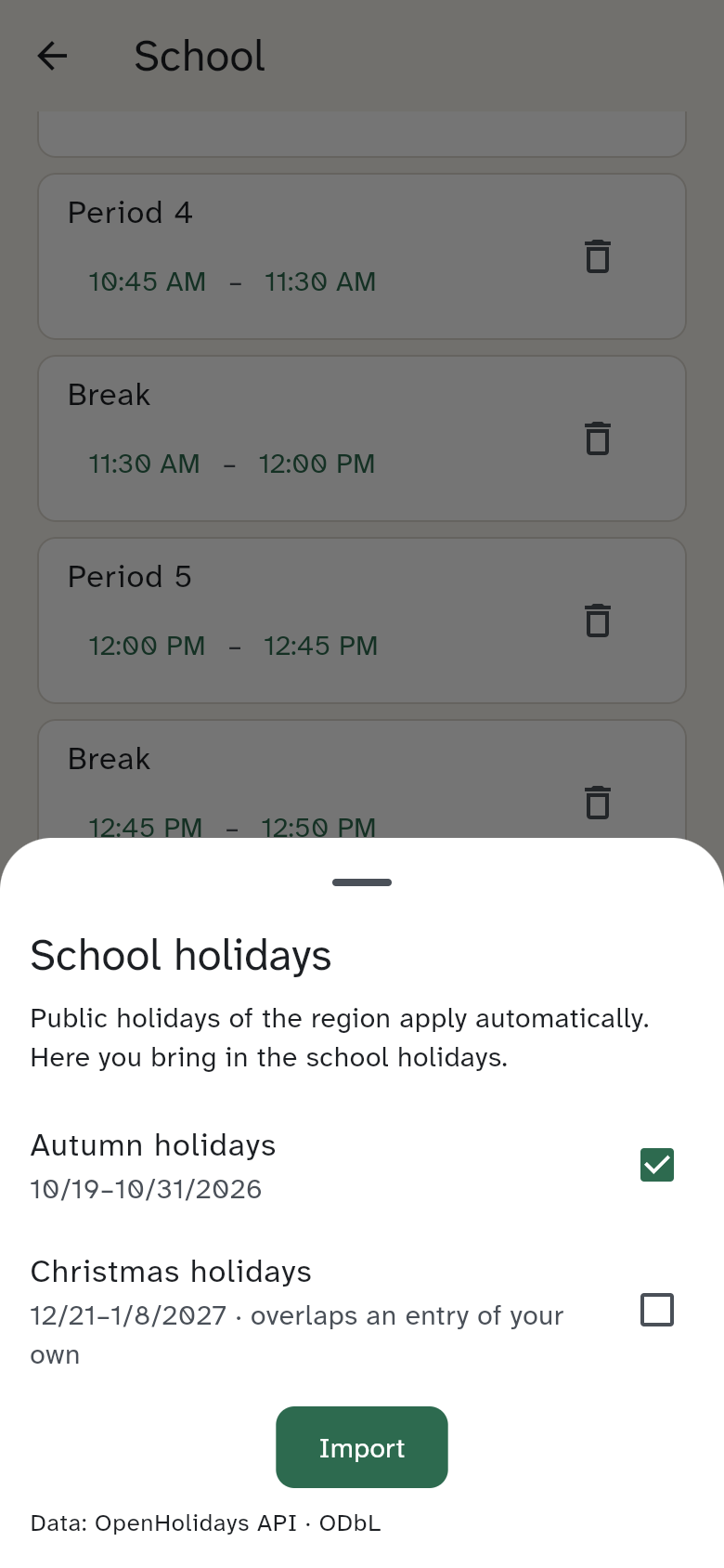 Import school holidays: the preview of the school holidays, with ticks and the word imported