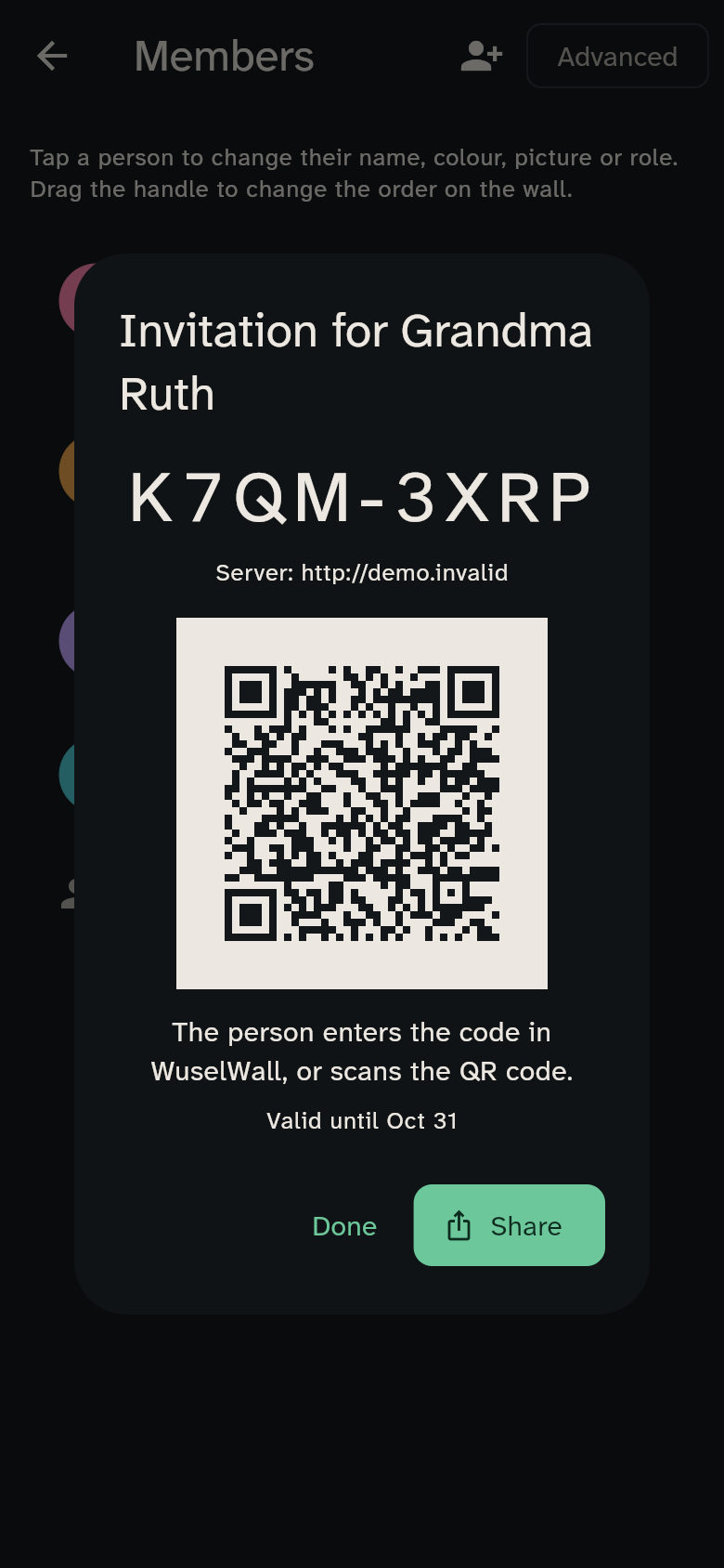Invitation for Oma Ruth with code, QR code and share
