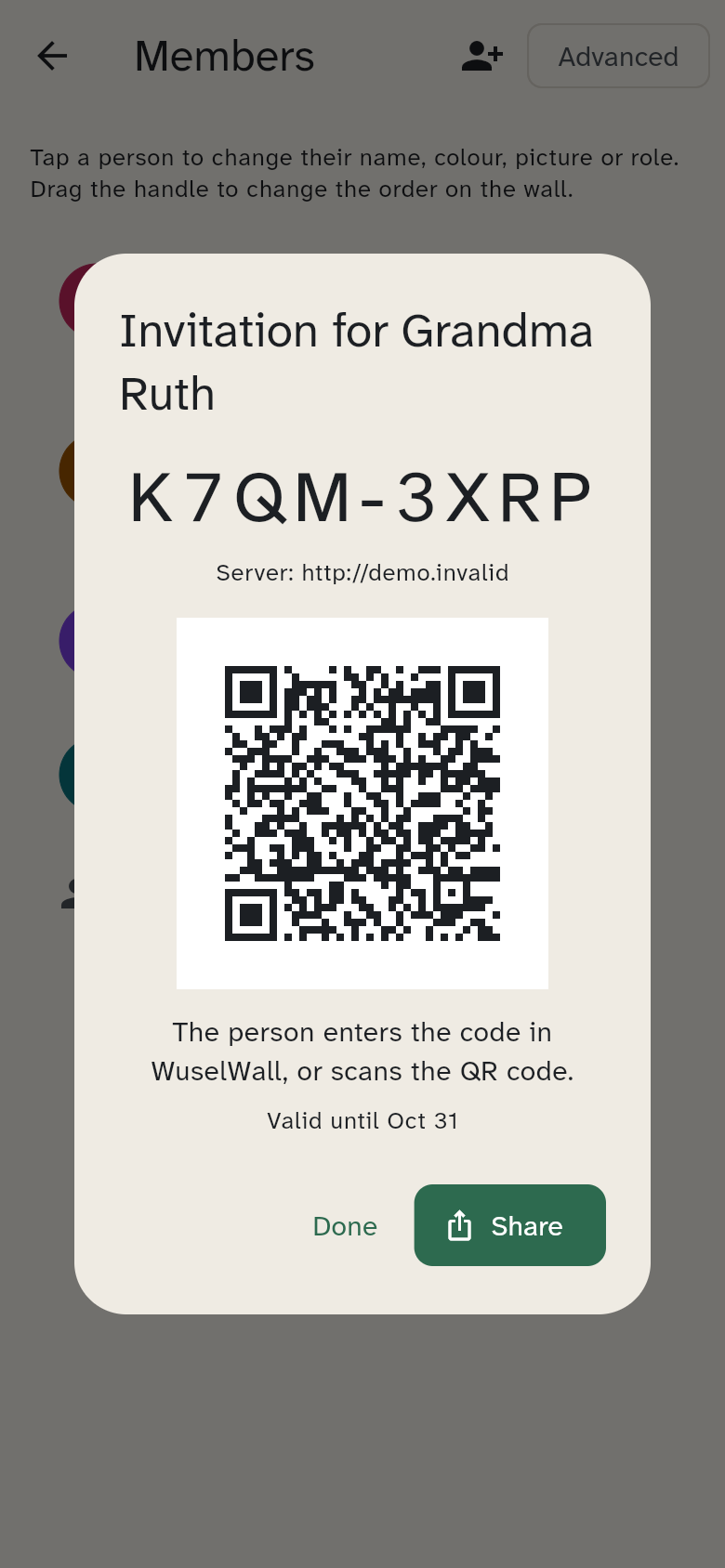 Invitation for Oma Ruth with code, QR code and share
