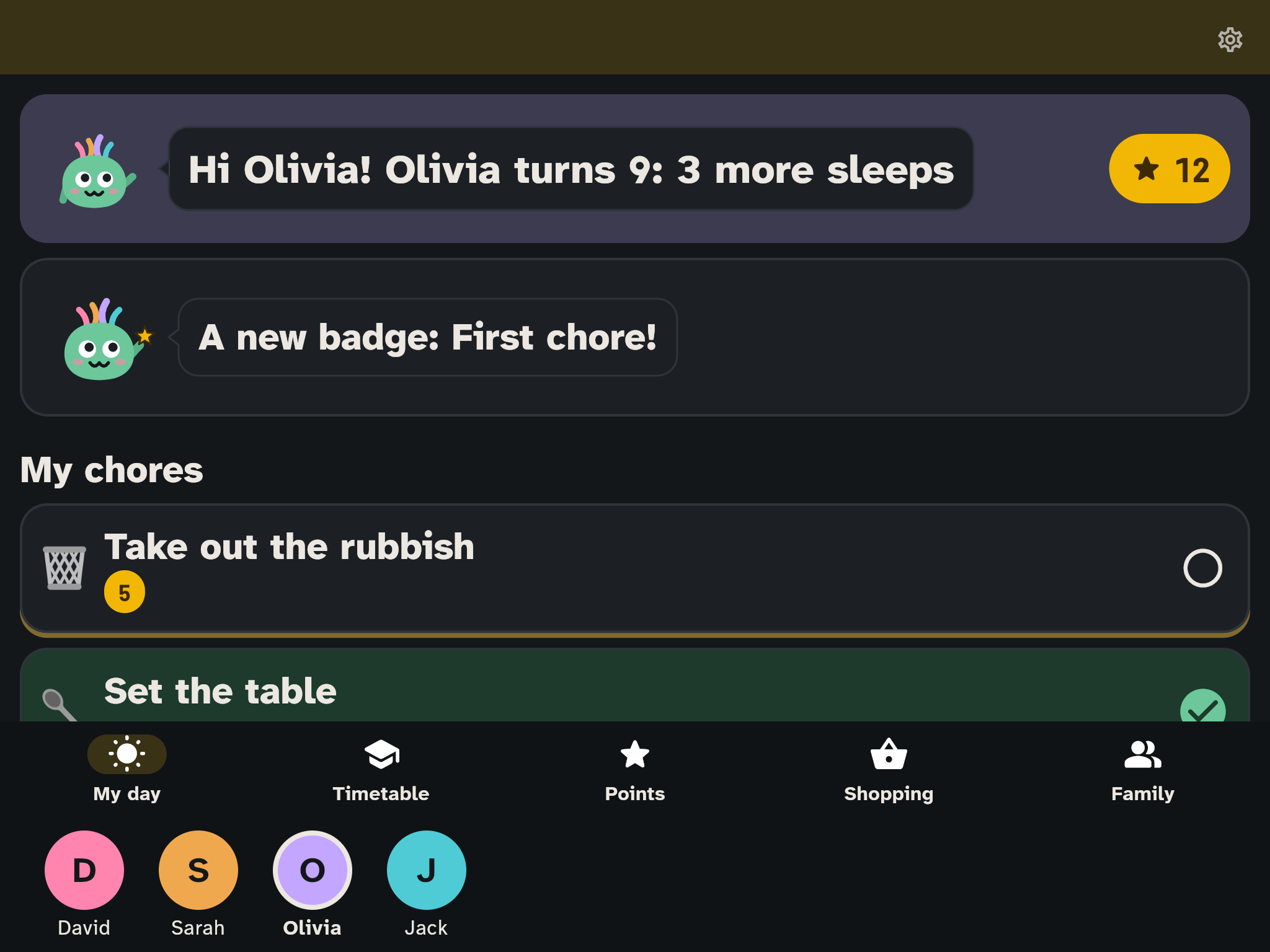 My day on the kids' tablet: Wusel greets Olivia, her chores below