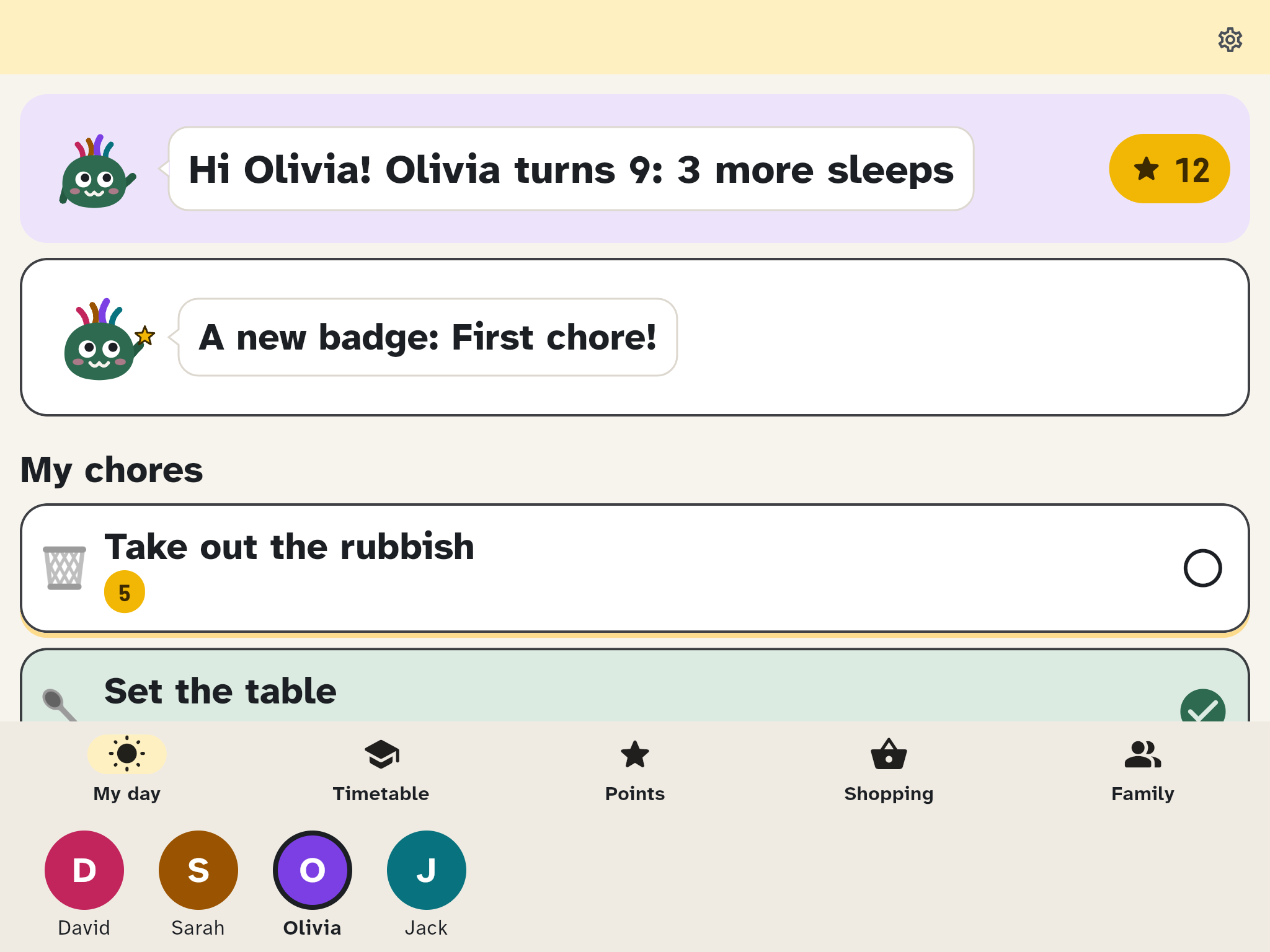 My day on the kids' tablet: Wusel greets Olivia, her chores below