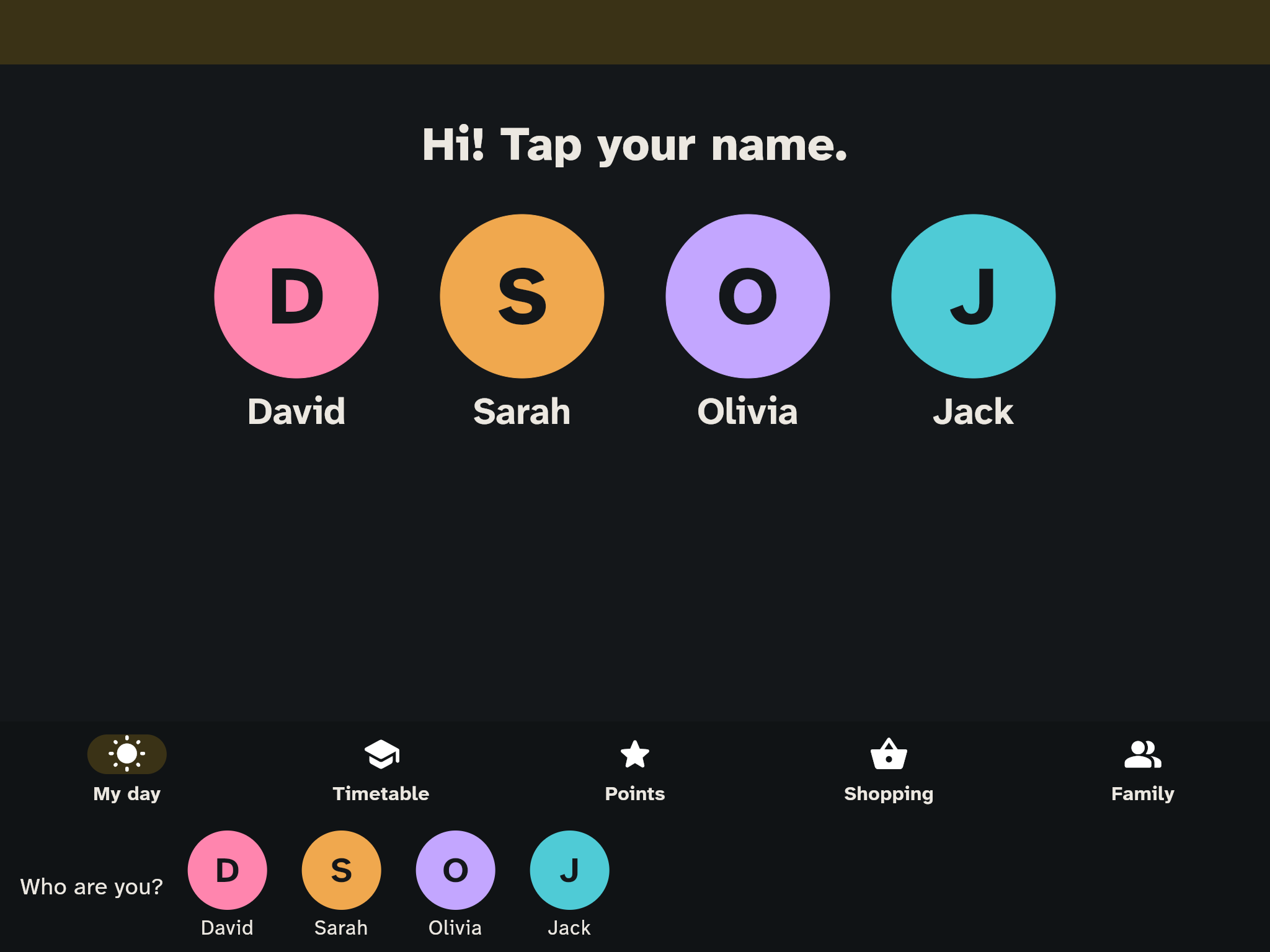 Kids' tablet with the family's names at the bottom