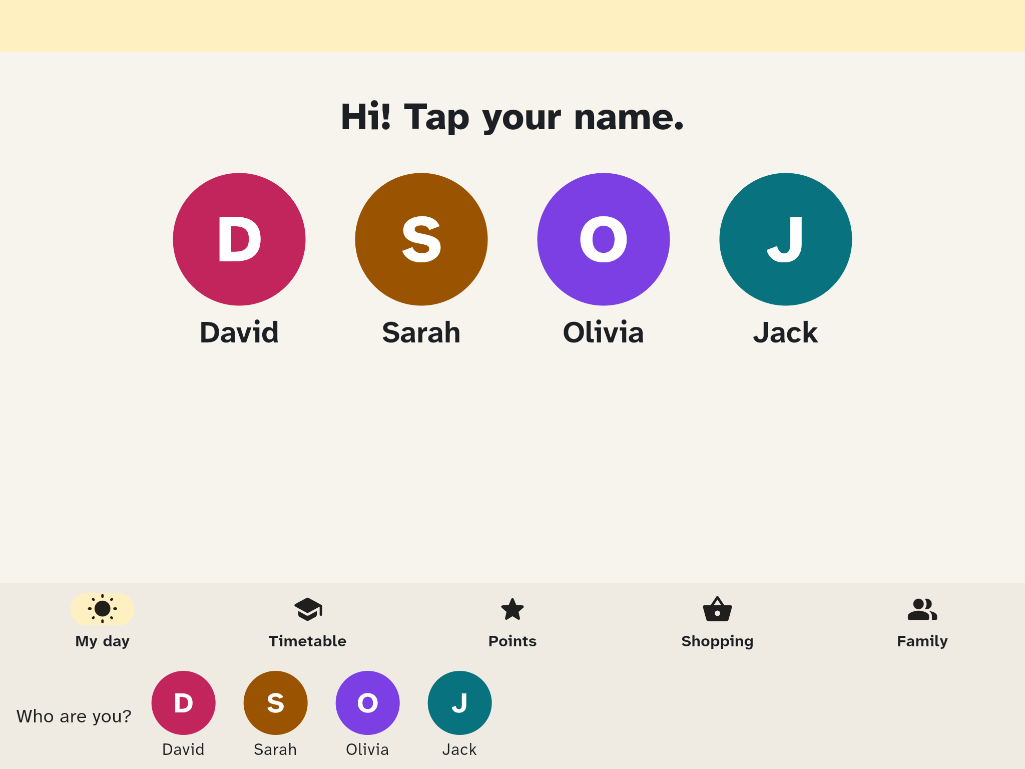 Kids' tablet with the family's names at the bottom