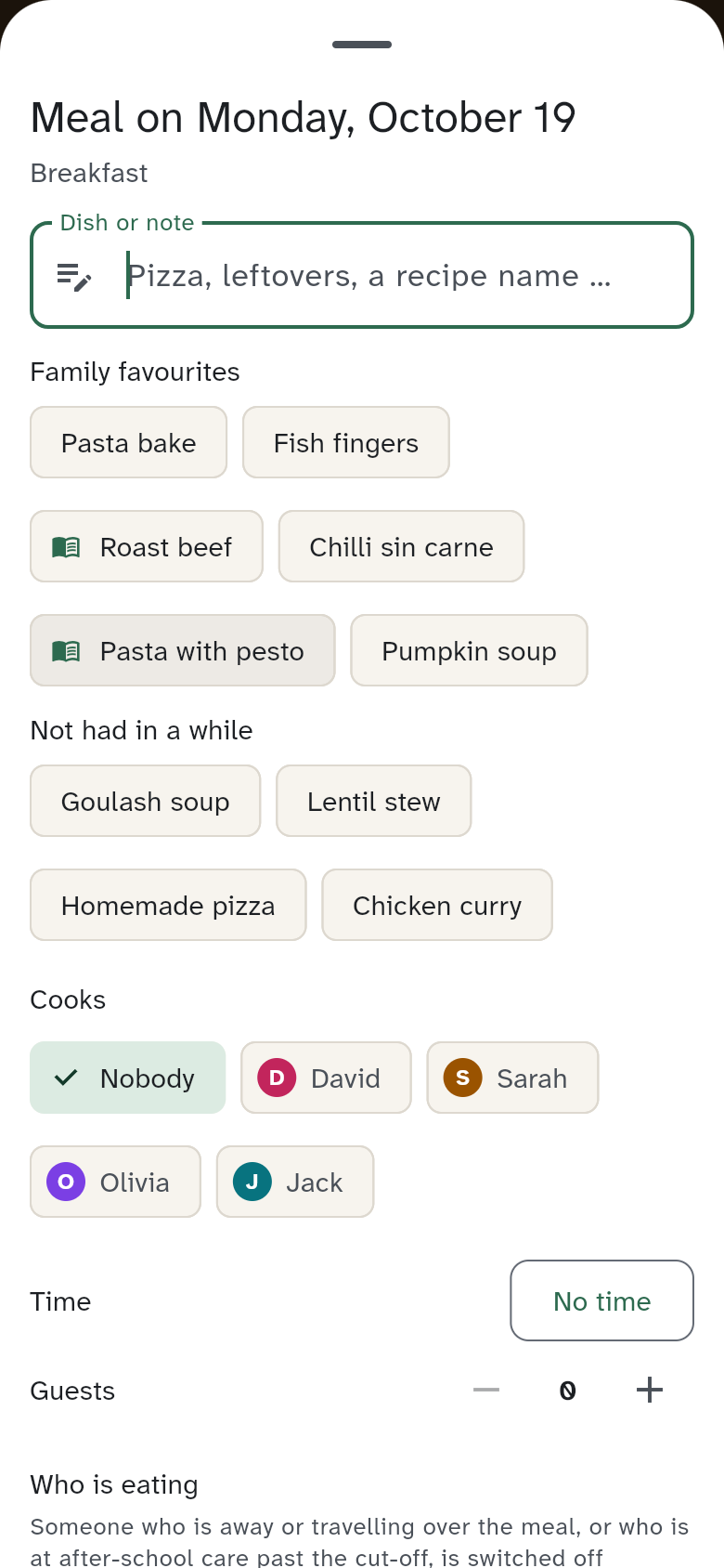 Planning a meal, with the rows Family favourites and Not had in a while