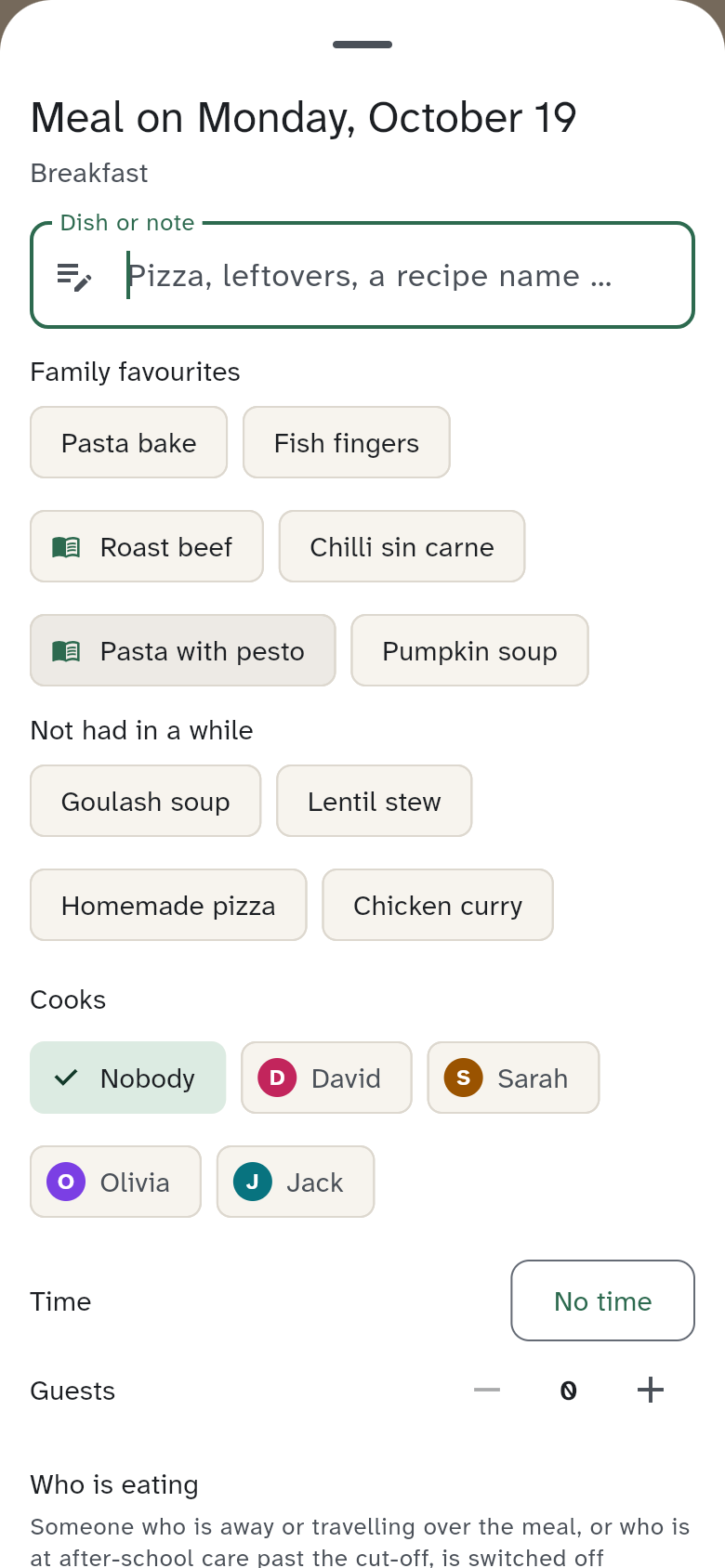 Planning a meal, with the rows Family favourites and Not had in a while