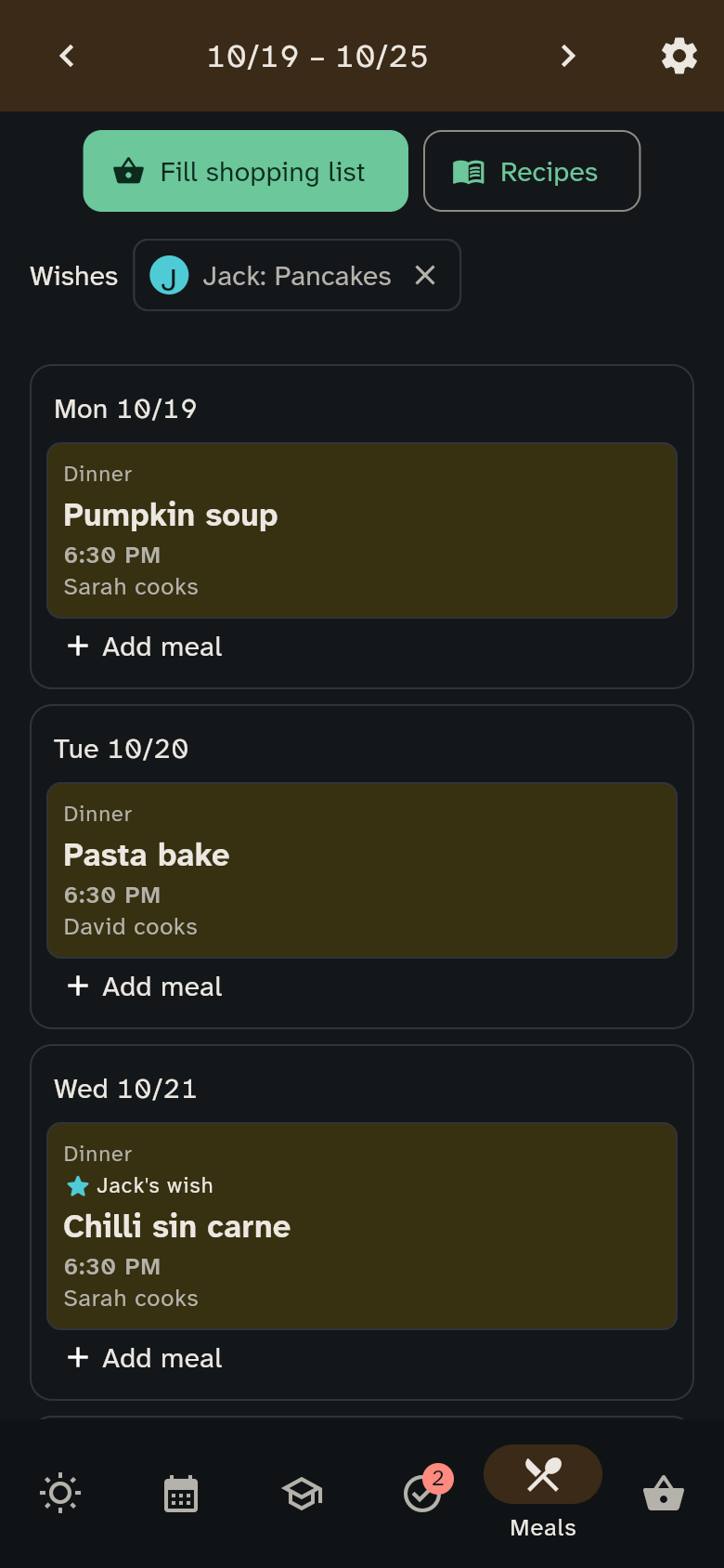 Meal plan on a phone with the wish Jack: Pancakes above the week