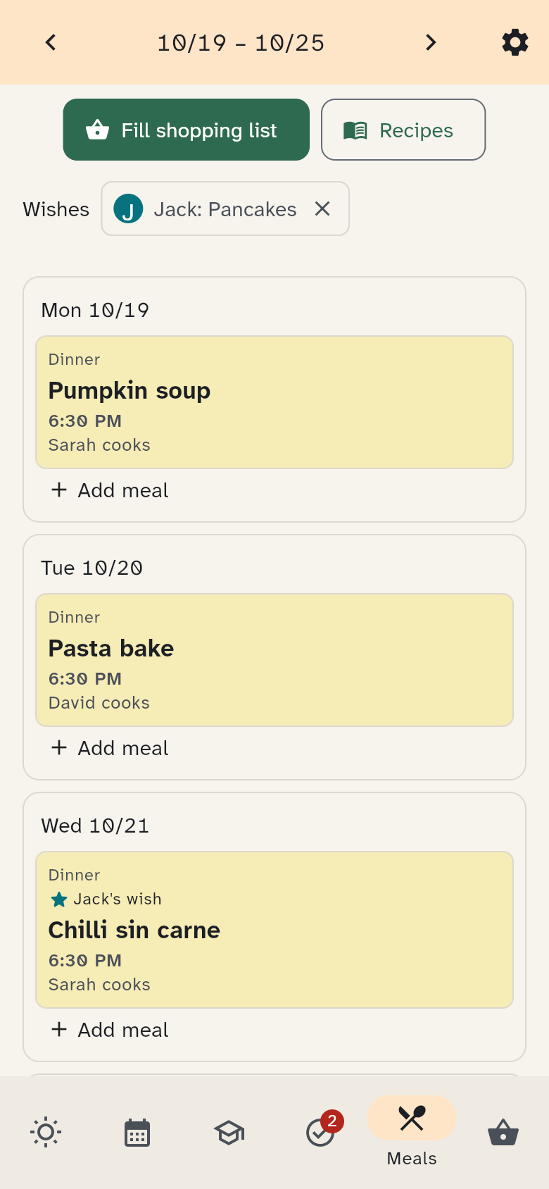 Meal plan on a phone with the wish Jack: Pancakes above the week