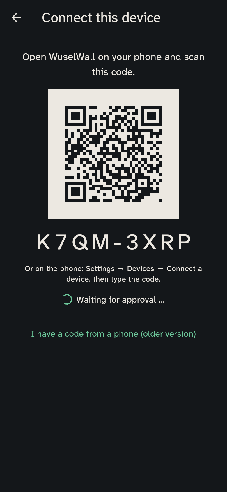 New device shows a QR code and a code