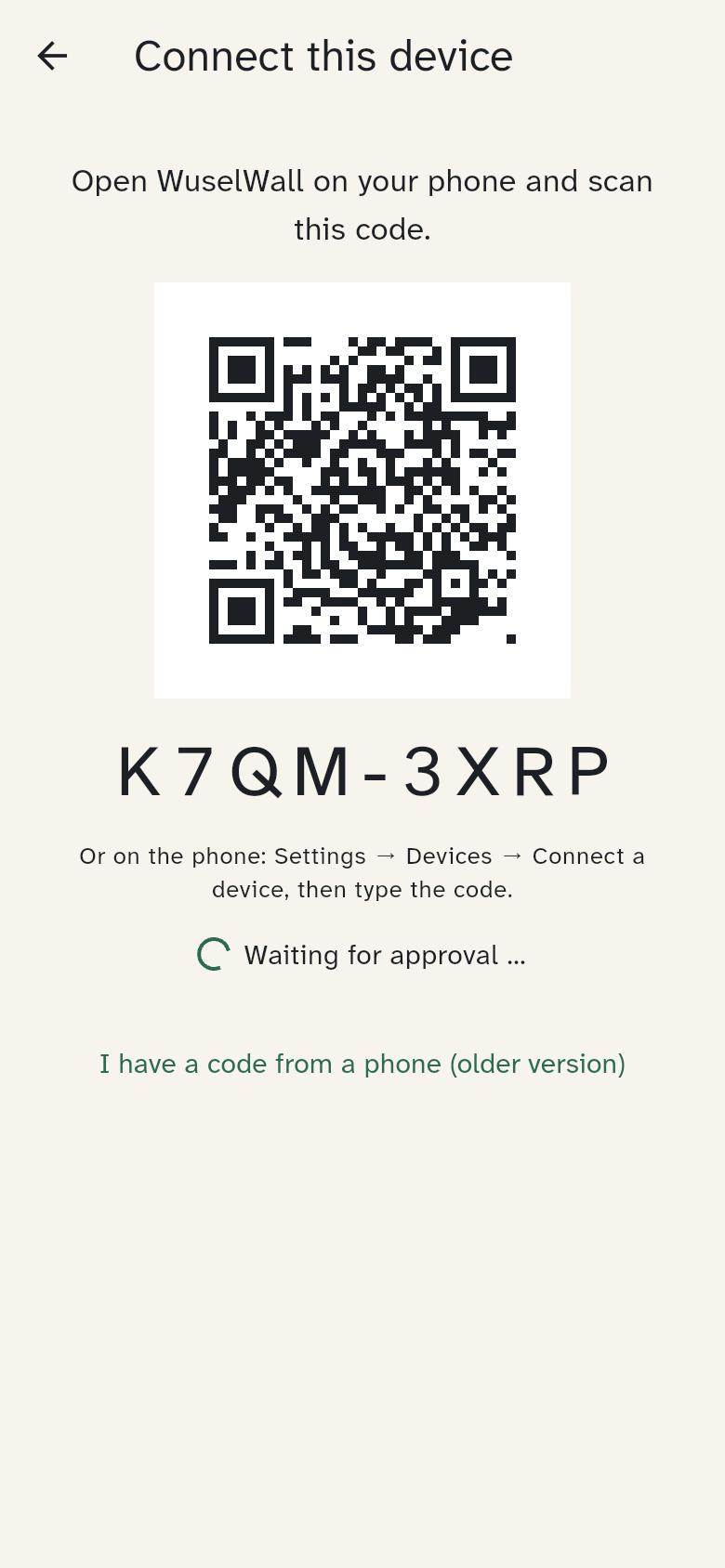 New device shows a QR code and a code