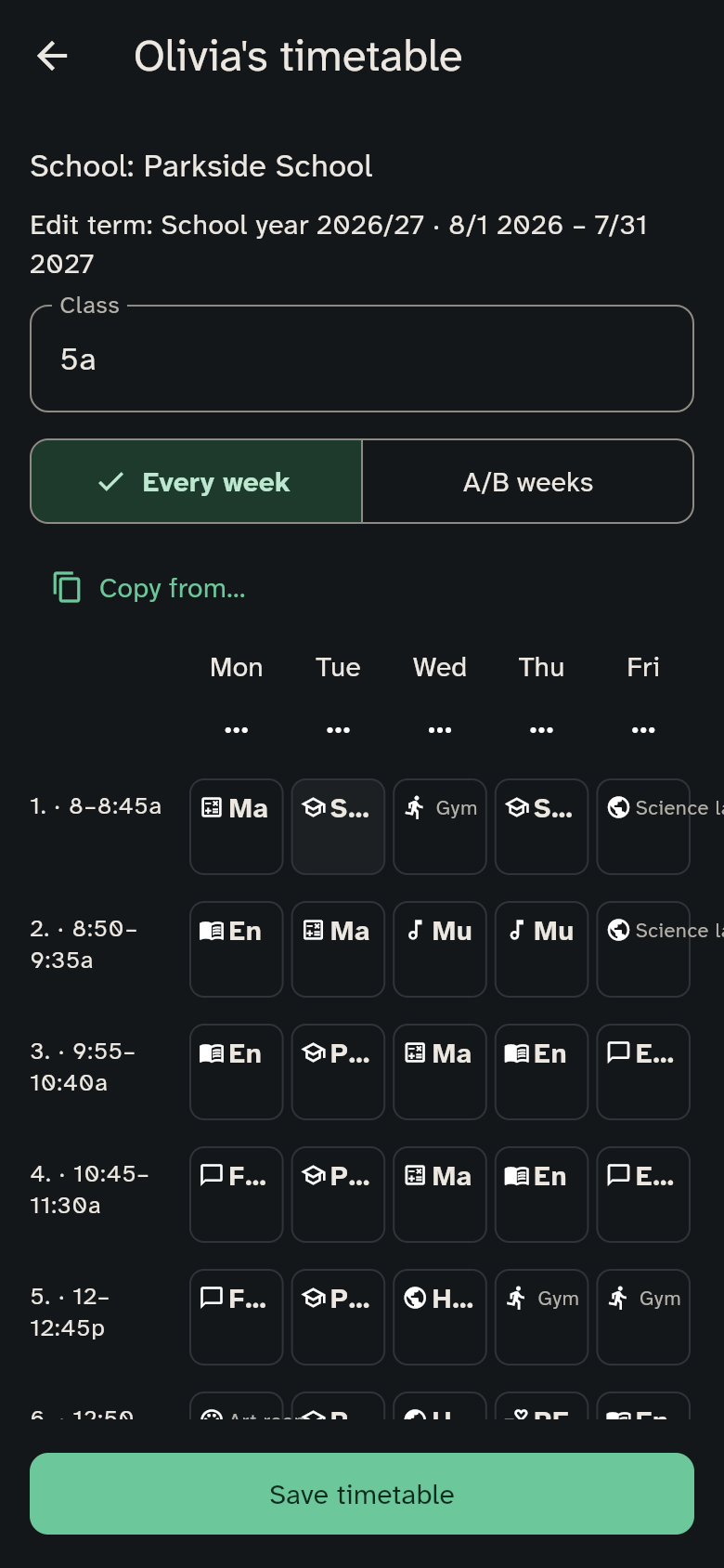 Timetable editor with the school, term and visible Save button
