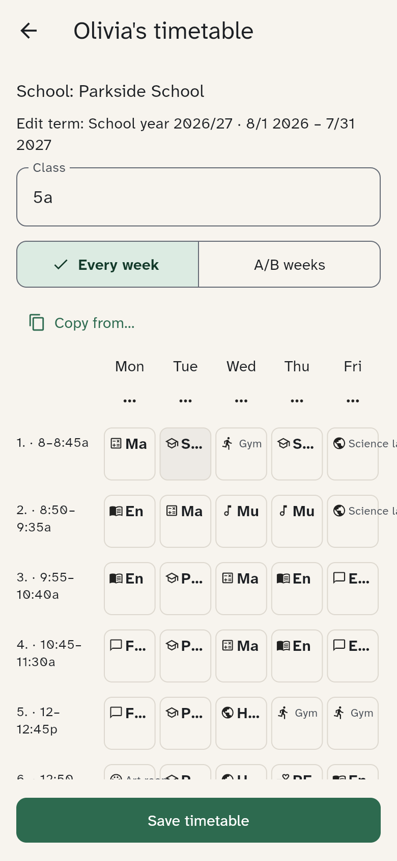 Timetable editor with the school, term and visible Save button
