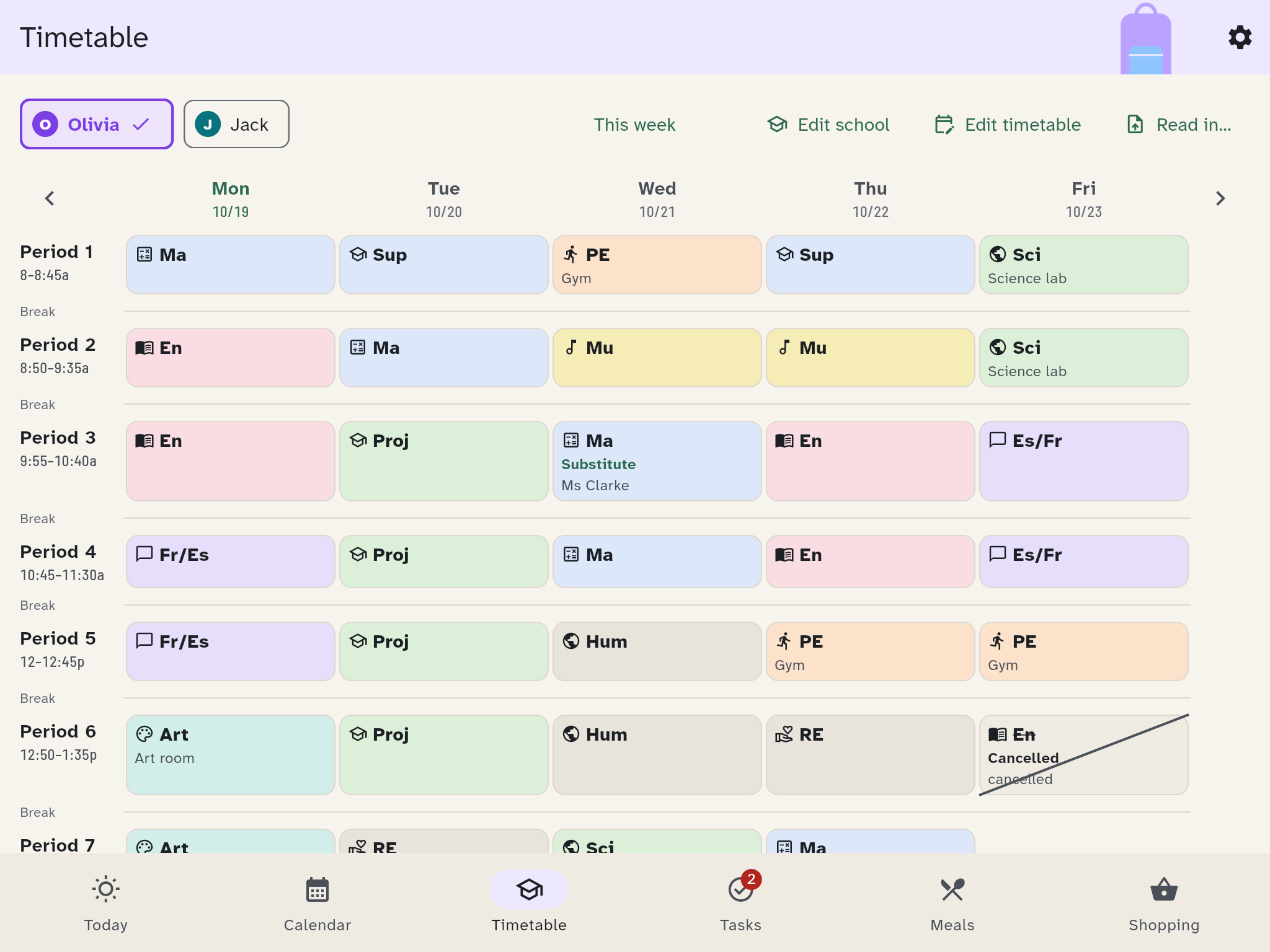 A child's timetable for the week, with a cancelled lesson and a substitute