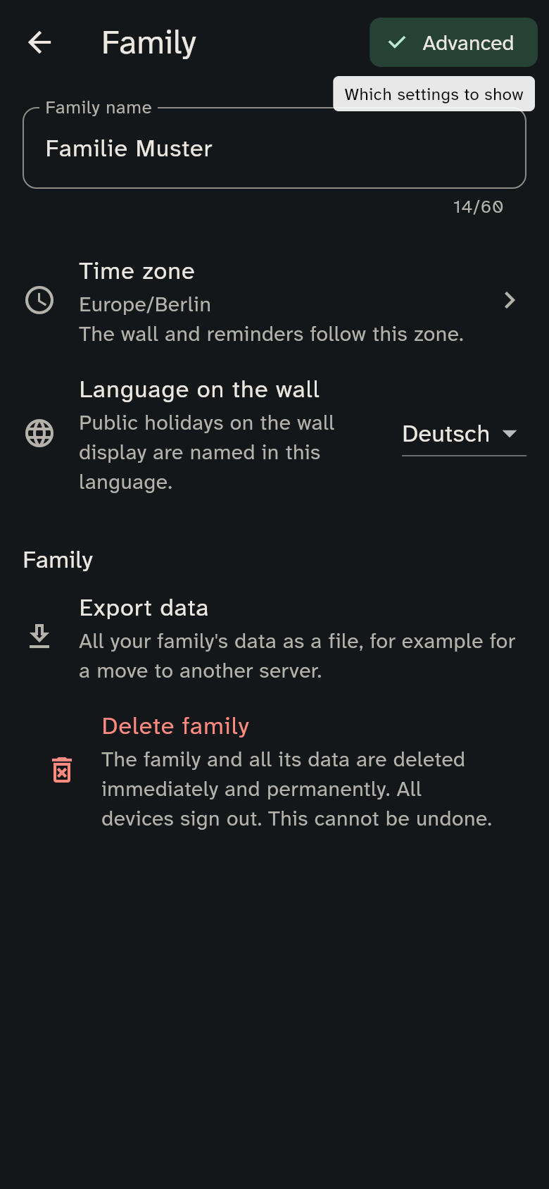 The Family page with name, time zone, language on the wall and data export