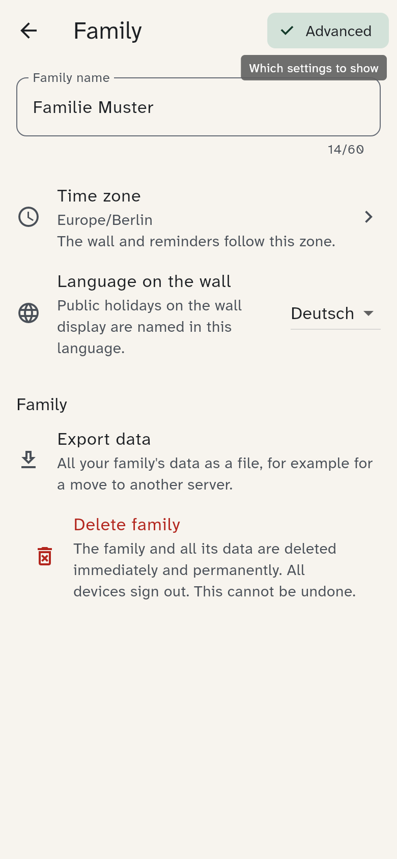 The Family page with name, time zone, language on the wall and data export