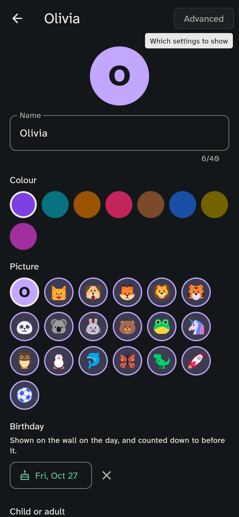 A member's page with name, colour, picture and birthday