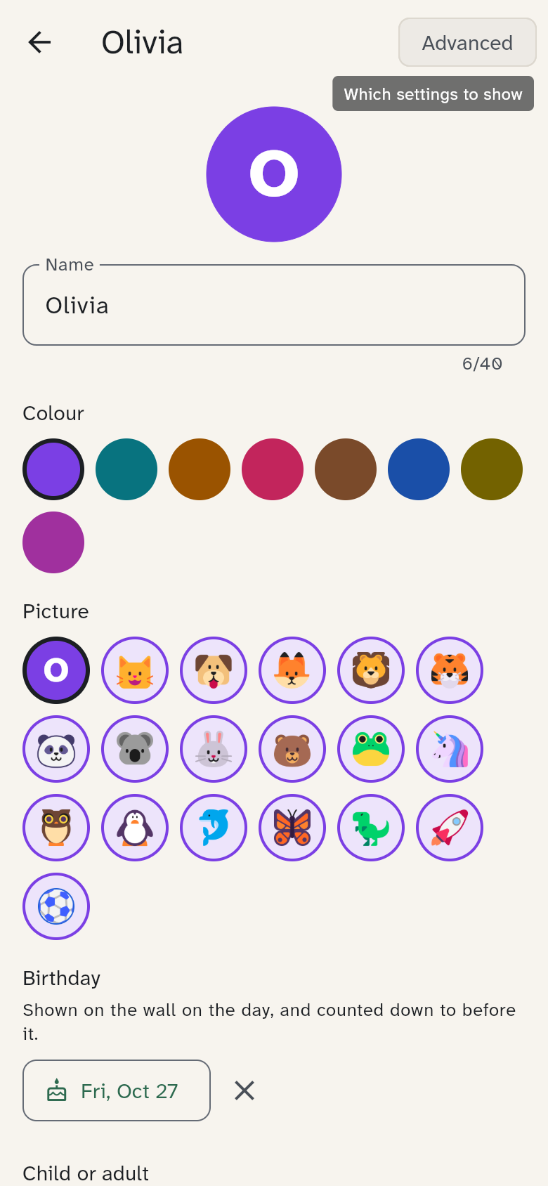 A member's page with name, colour, picture and birthday
