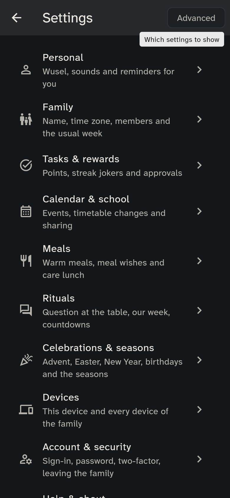 Settings: the list of groups from Personal to Help & about