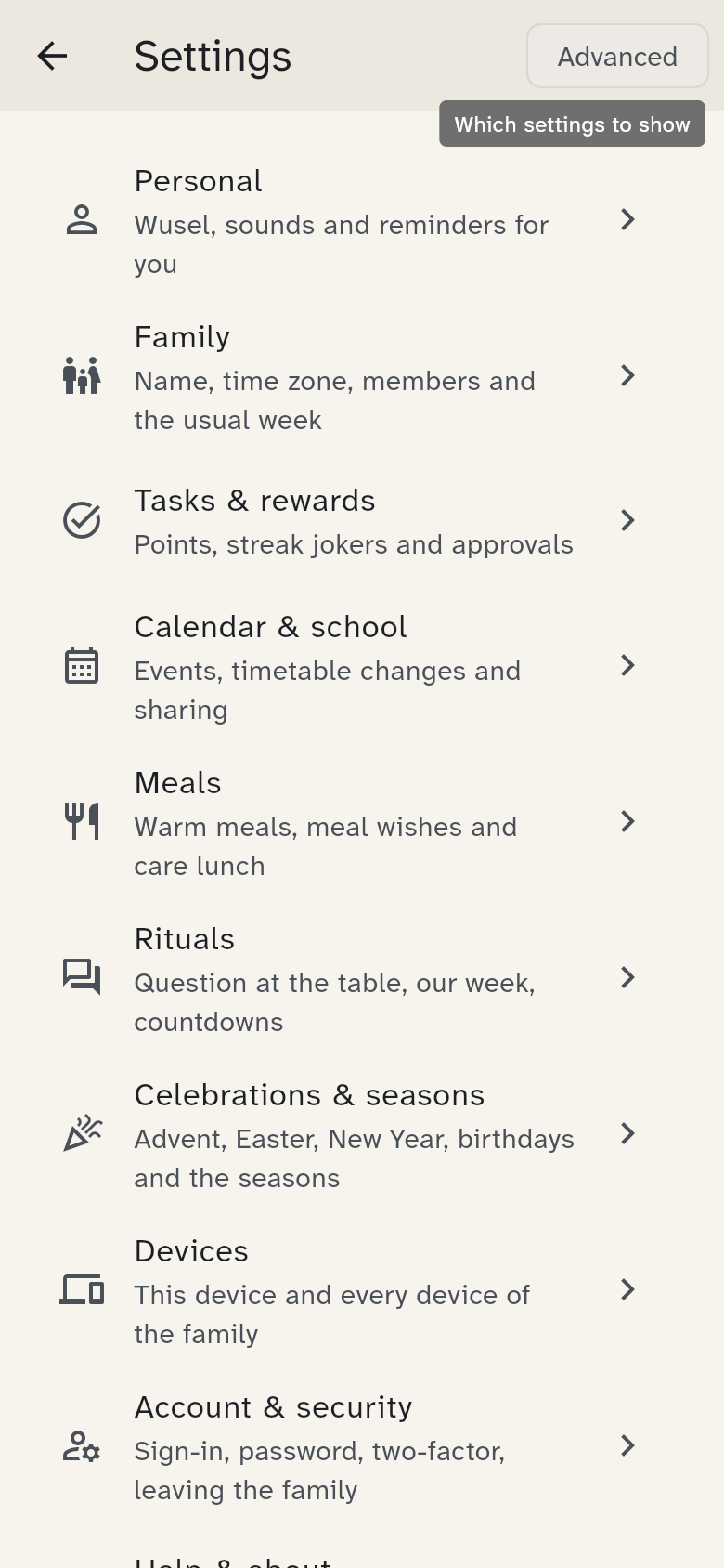 Settings: the list of groups from Personal to Help & about