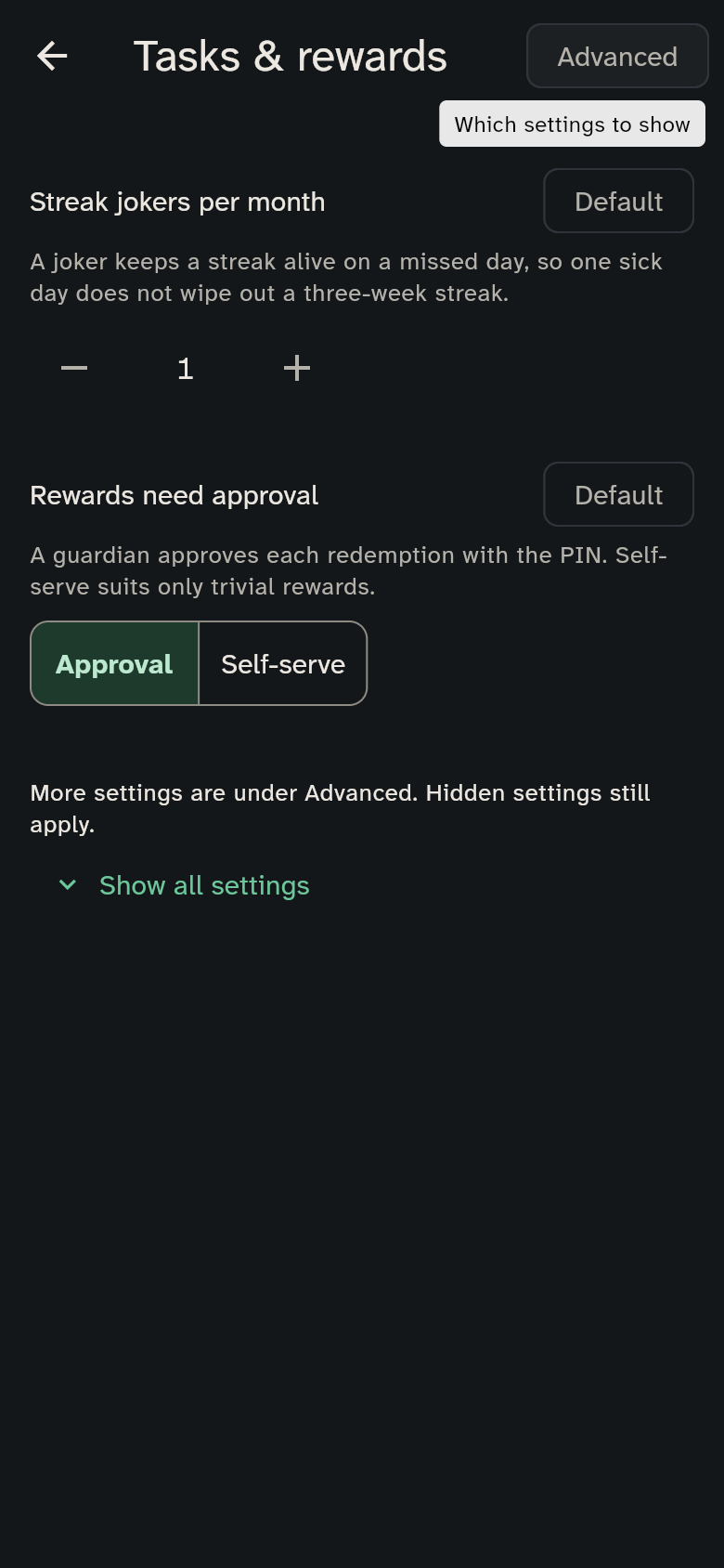 The Tasks & rewards group with its settings