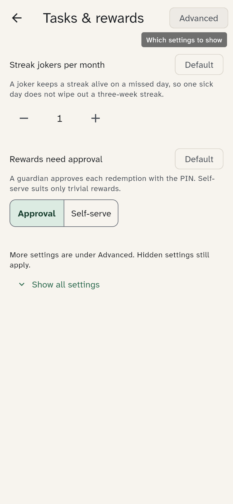 The Tasks & rewards group with its settings