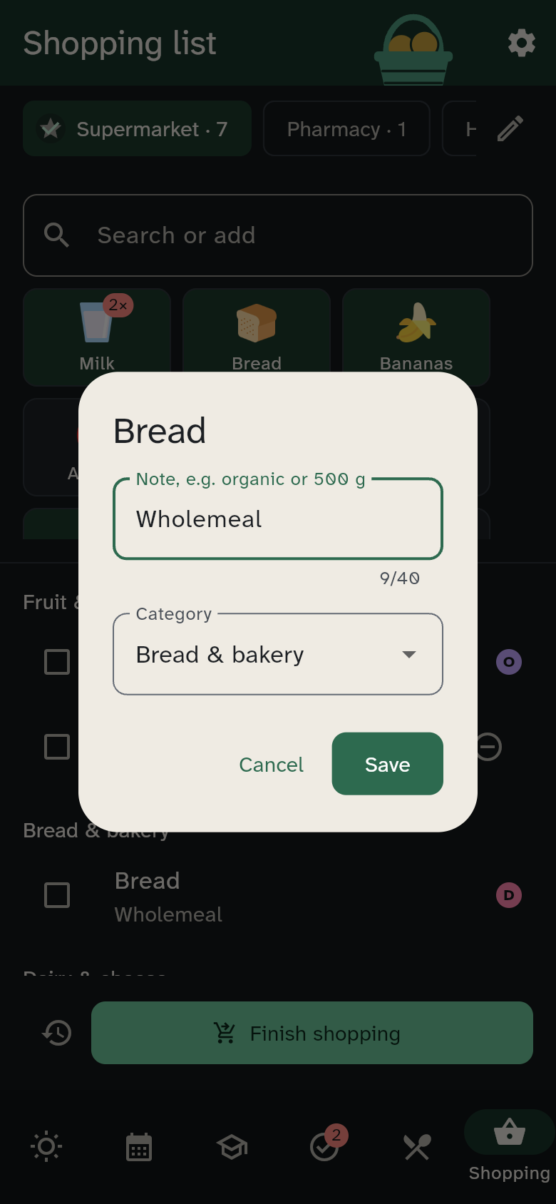 Dialog for editing an item
