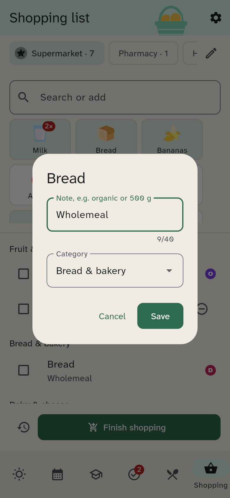 Dialog for editing an item