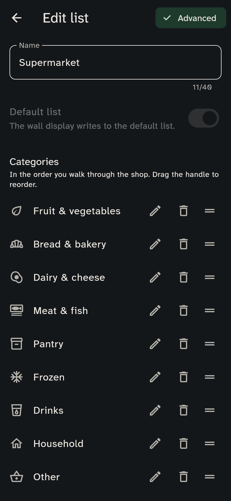 Editing a list: name, default list and categories