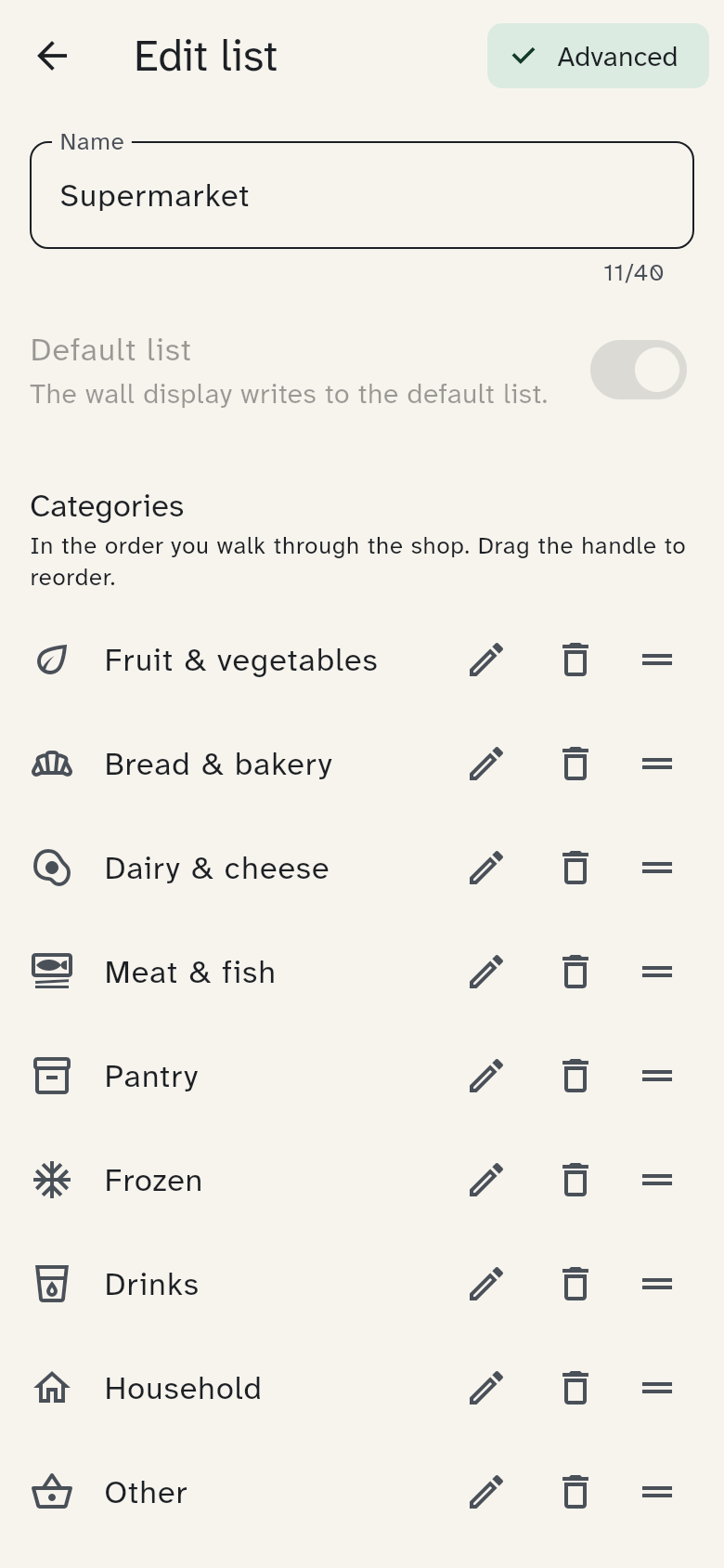 Editing a list: name, default list and categories