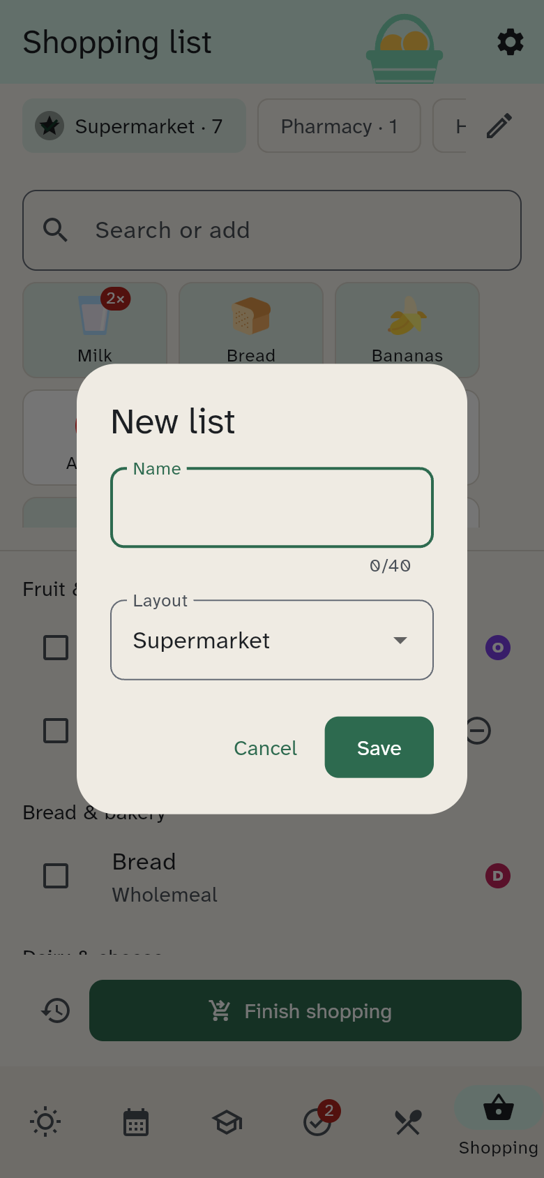 The “New list” dialog