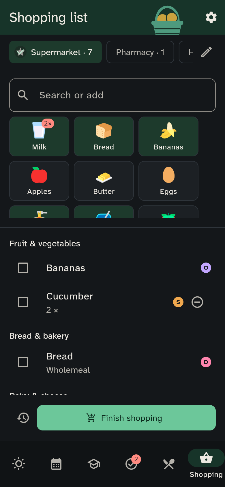 Shopping list with tiles on top and items by category below