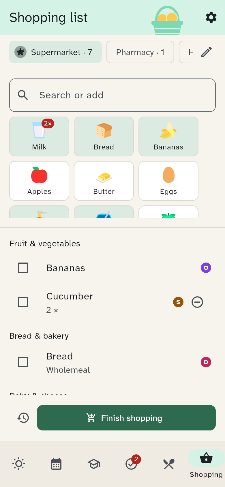 Shopping list with tiles on top and items by category below