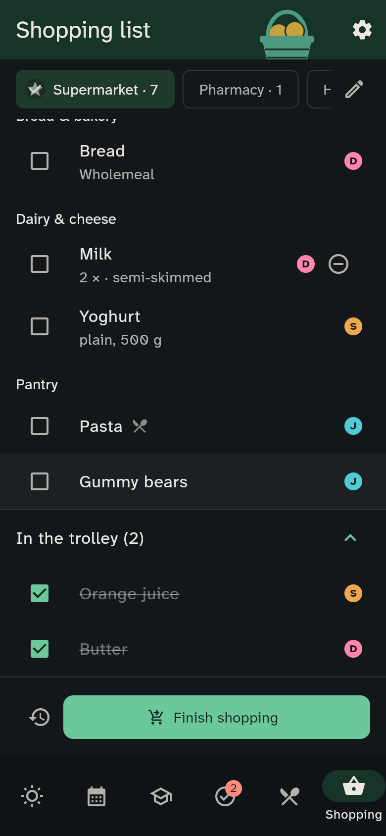 The expanded “In the trolley” section