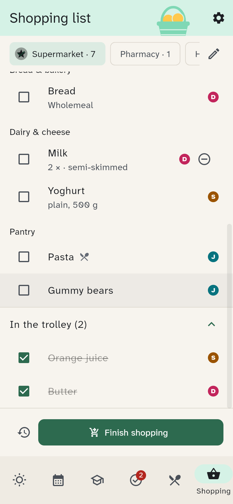 The expanded “In the trolley” section