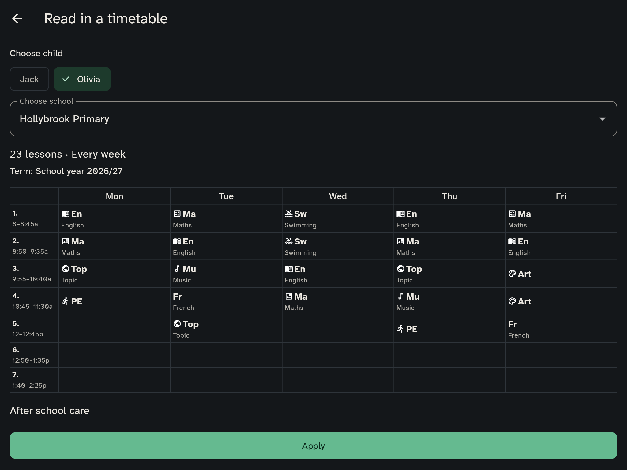 The preview: child, school, term and the grid with each subject's name under its short name