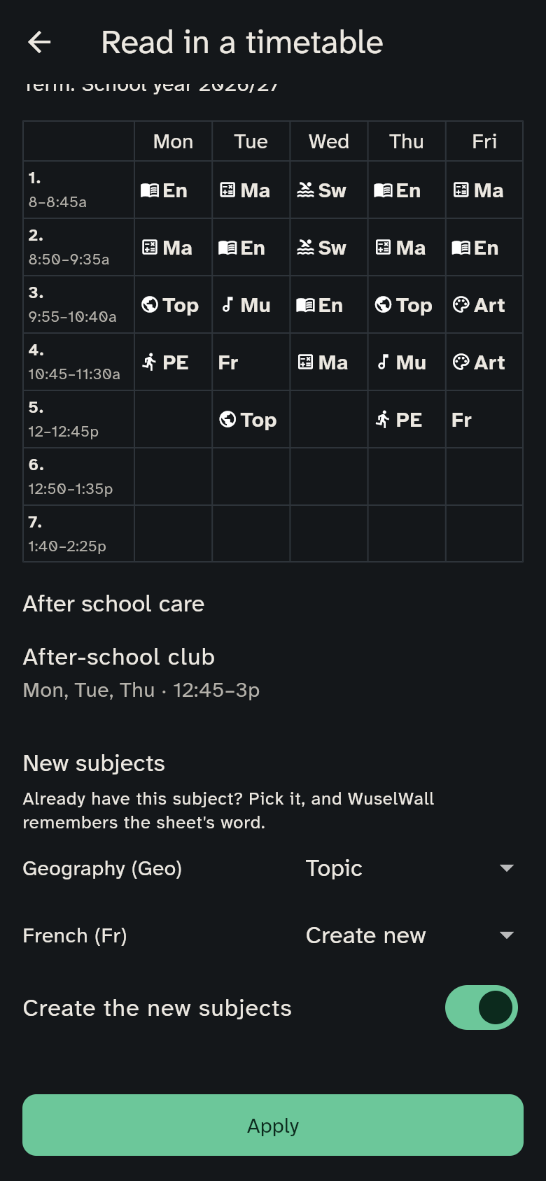 New subjects in the preview: Geo is taken as the existing Topic, French is created