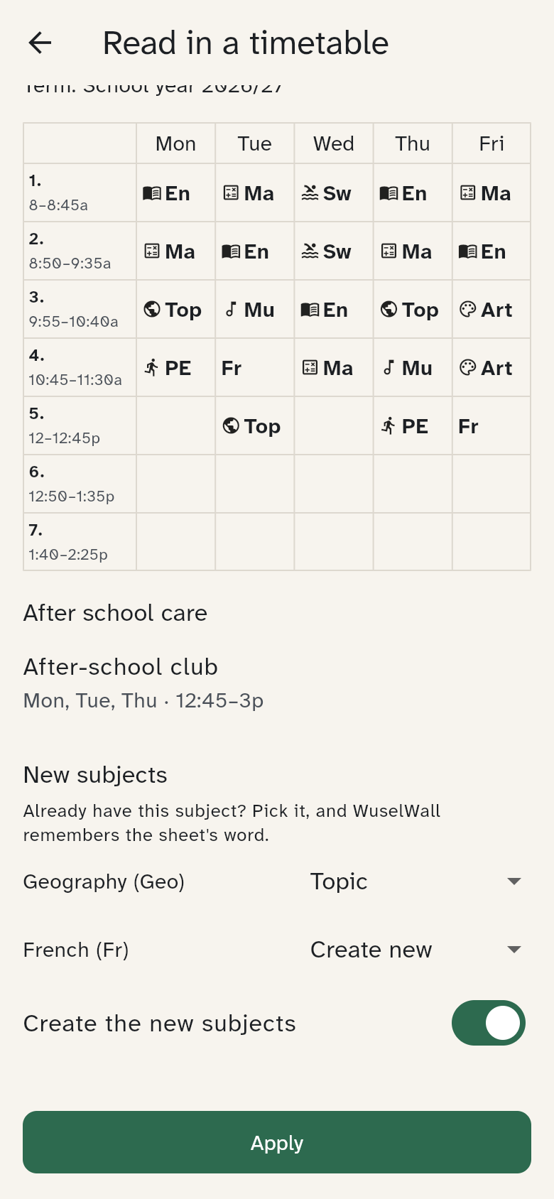 New subjects in the preview: Geo is taken as the existing Topic, French is created