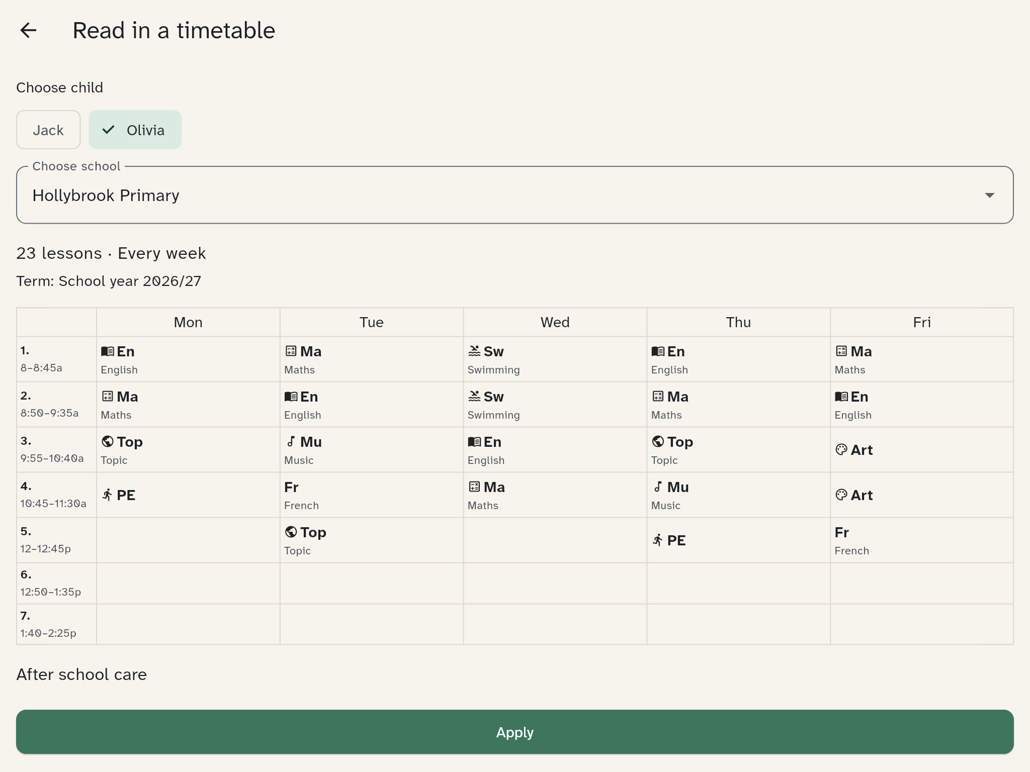 The preview: child, school, term and the grid with each subject's name under its short name