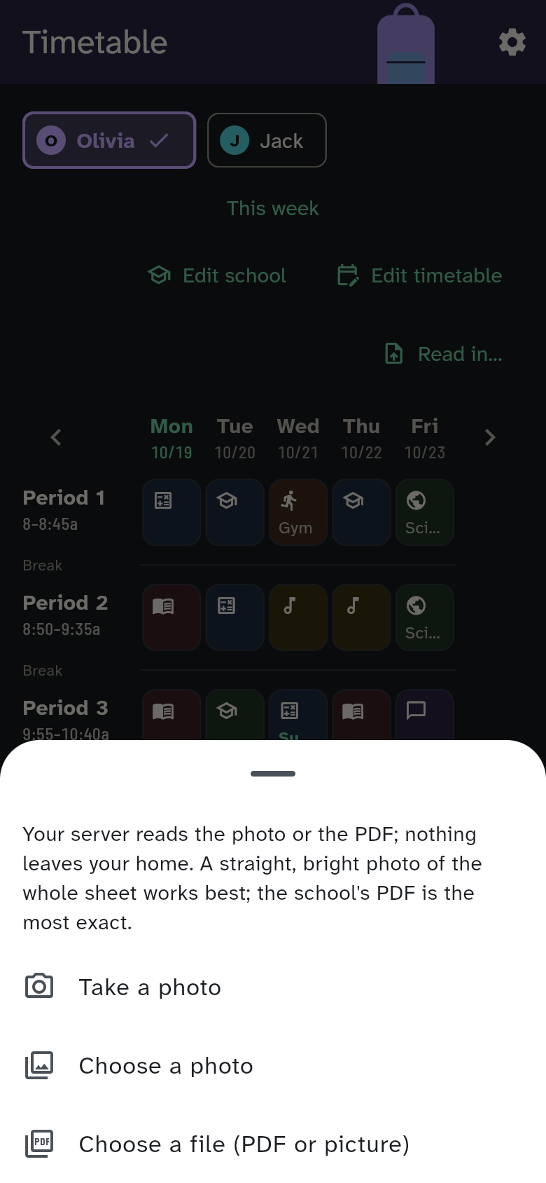 Scan a photo: the note that the file stays at home, and the three ways Take a photo, Choose a photo and Choose a file