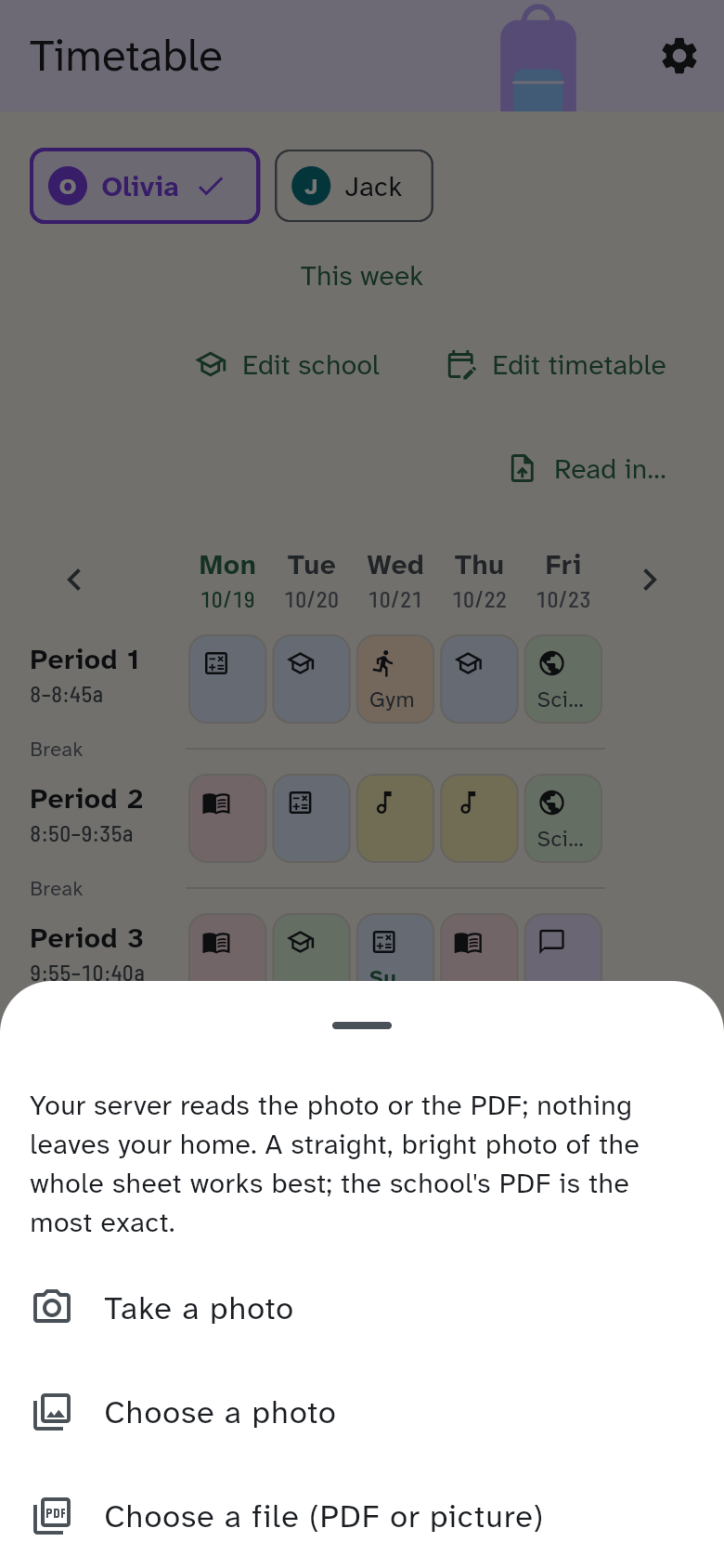 Scan a photo: the note that the file stays at home, and the three ways Take a photo, Choose a photo and Choose a file
