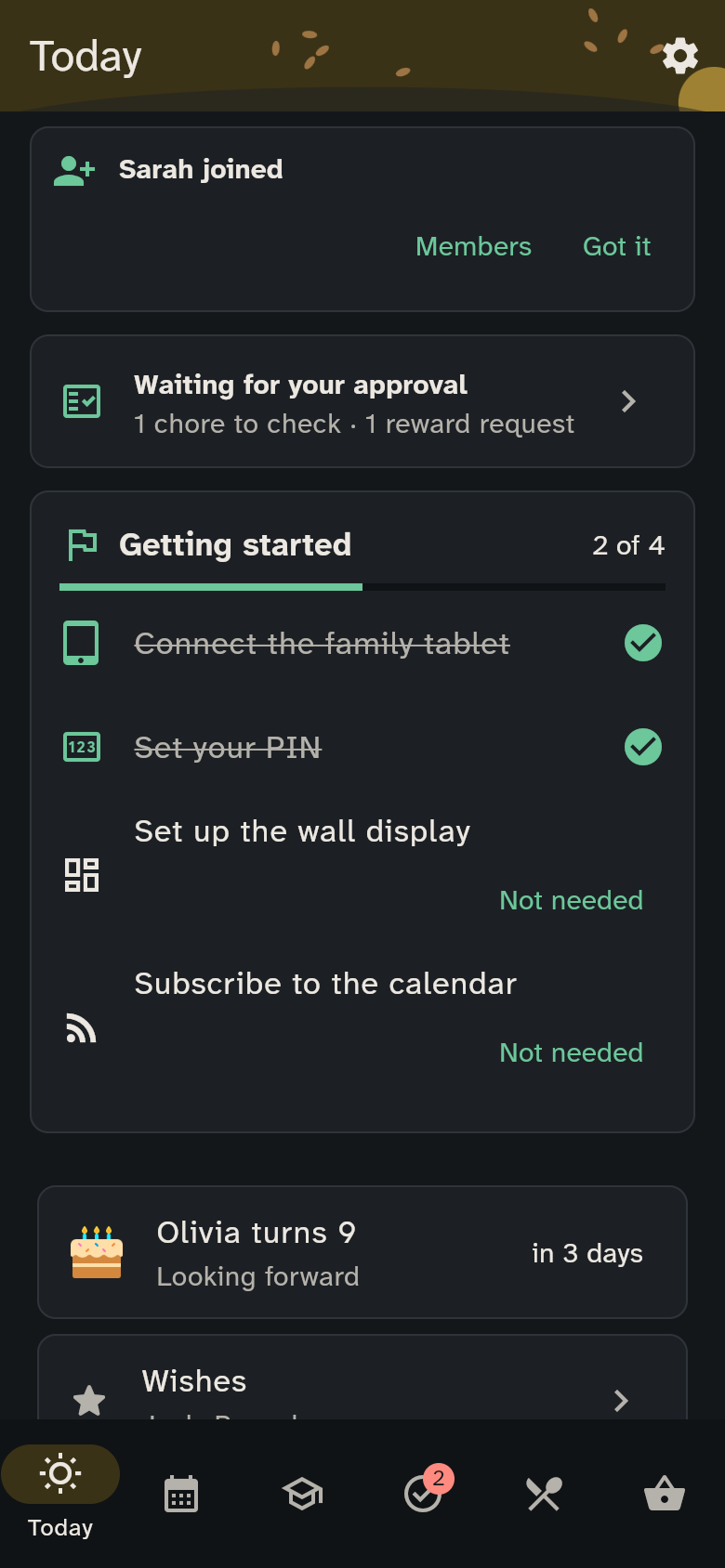 The Today tab with the Getting started card, the appointments and the warm meal