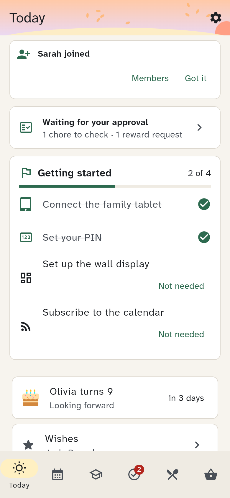 The Today tab with the Getting started card, the appointments and the warm meal