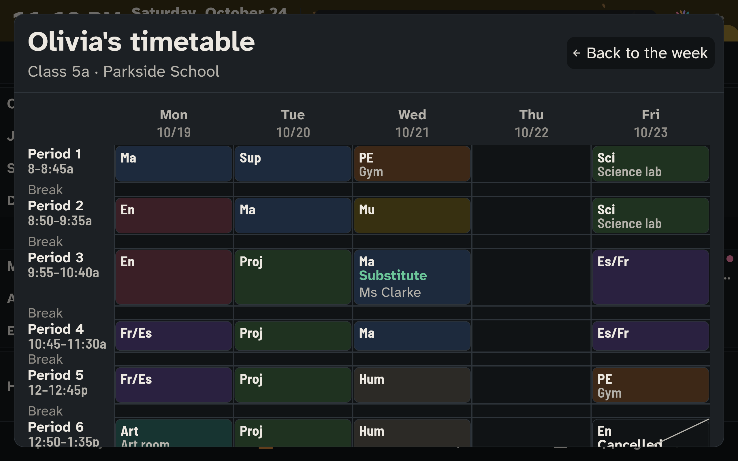 Wall display: a child's timetable for the week